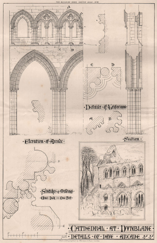 Cathedral at Dunblane. Details of nave arcade. Scotland 1870 old antique print
